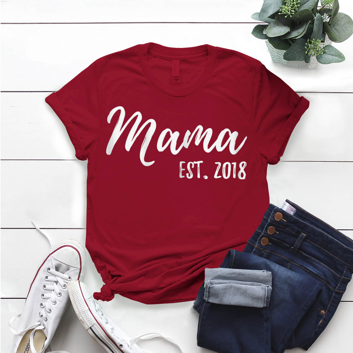 Womens Mama Est 2018 For New Mom Mammy Mum Mother T- Shirt Birthday ...