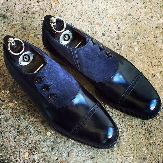 NEW Handmade Men Navy Blue Black Color shoes, Men Cap Toe Button Leather Suede S