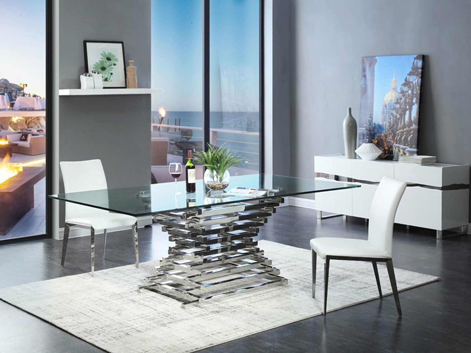 ARIETTA 7 piece Modern Dining Room Set Rectangular Glass Top Metal