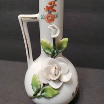 Vintage Porcelain Bud Vase, Hand Painted with Applied Flowers, 4" German Pottery image 4