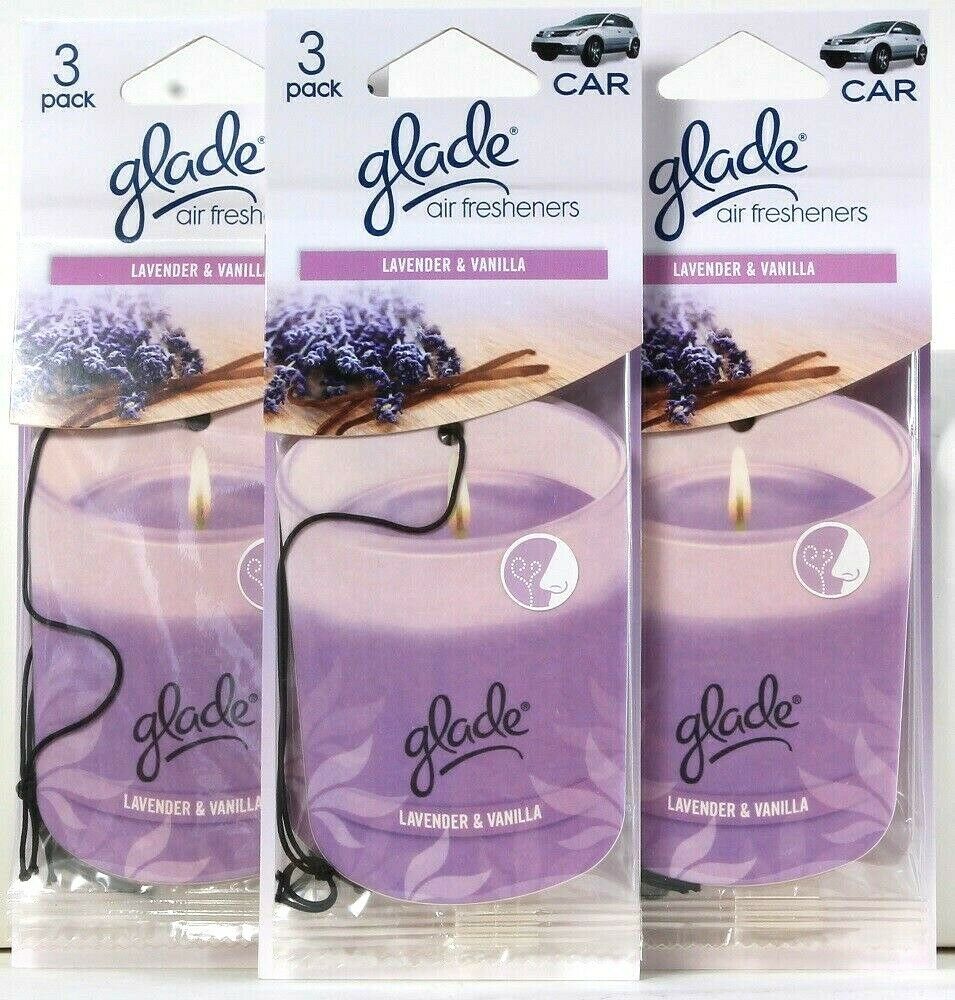 3 Packages Glade Car Lavender & Vanilla Many Uses 3 Count Hanging Air Fresheners Air Fresheners