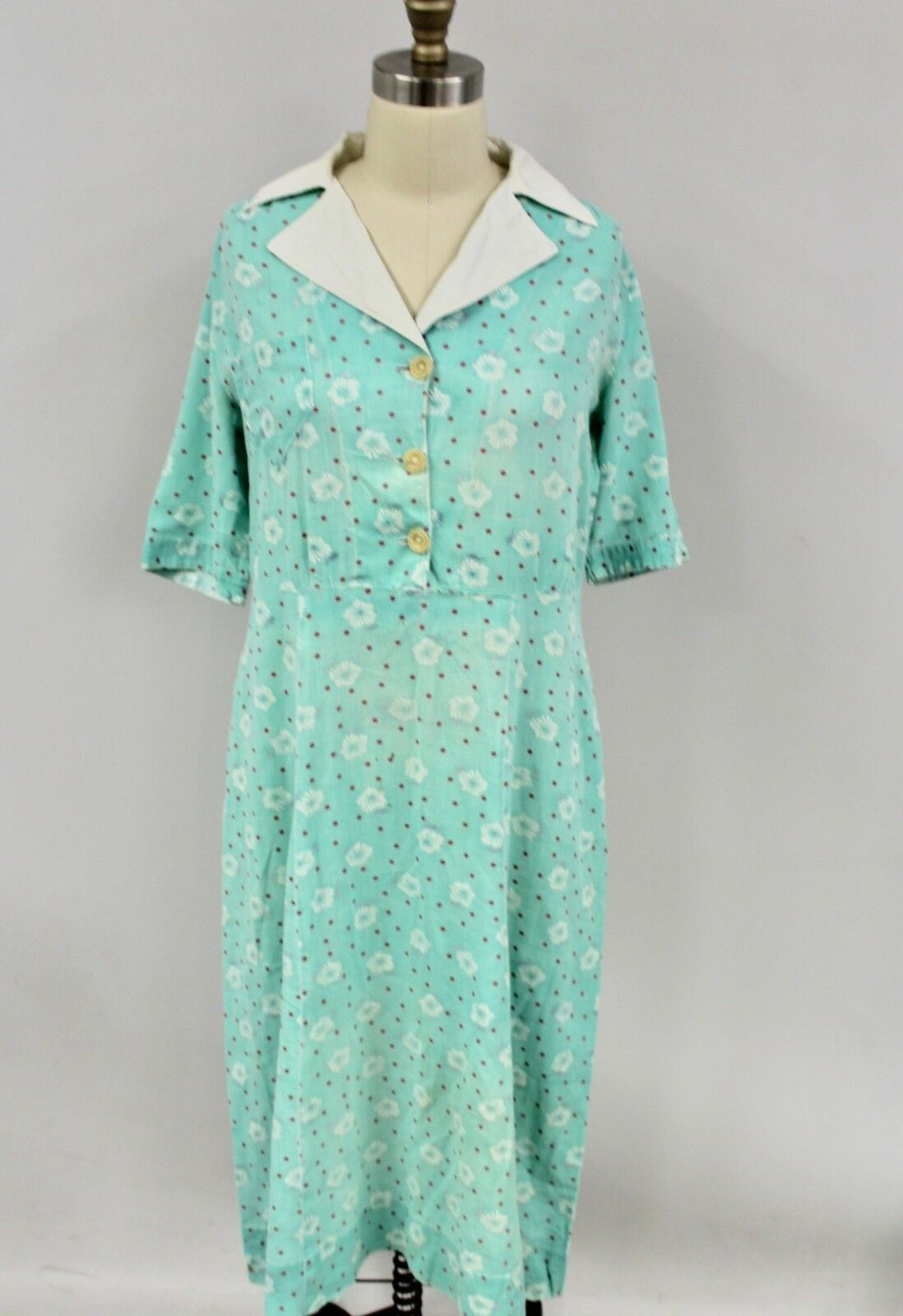 1930s Cotton House Dress S M Vintage Green White Deco Floral Print