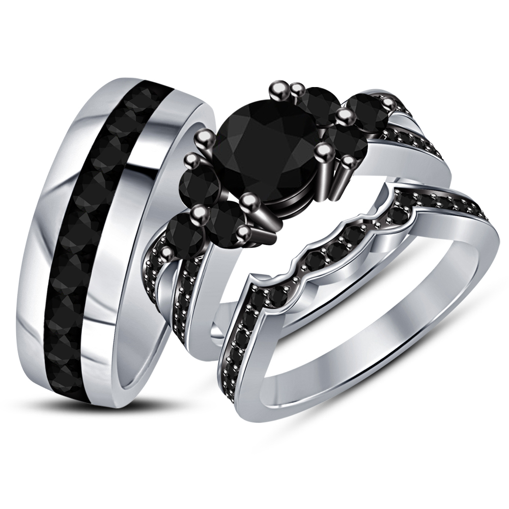 Men's & Women's Trio Wedding Ring Set 14k White Gold 925 Silver With