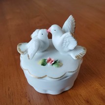 Vintage Porcelain Trinket Box with Birds and Flower, Ceramic Doves Bird Figurine image 1