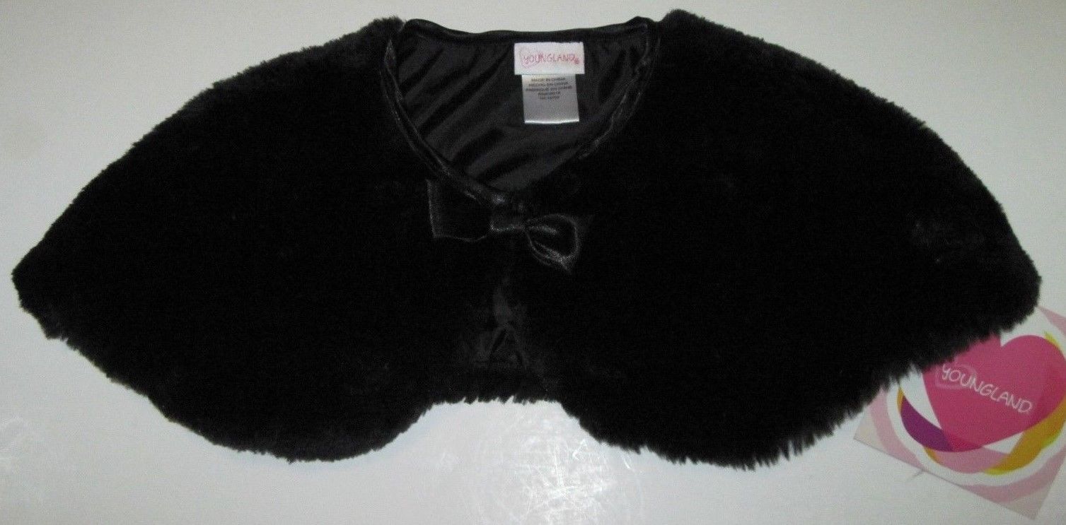 Youngland Shrug Cape Black Faux Fur Fully Lined Front Bow & Button Toddler Small - $21.78