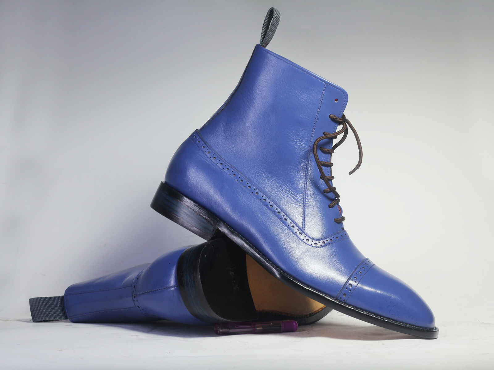 Handmade Men's Blue Color Ankle High Boots, Men Dress Leather Cap Toe Boots