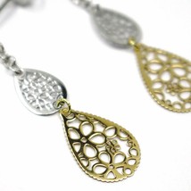 18K YELLOW WHITE GOLD PENDANT EARRINGS, DOUBLE FLAT DROPS WITH FLOWERS, 3.5cm image 2