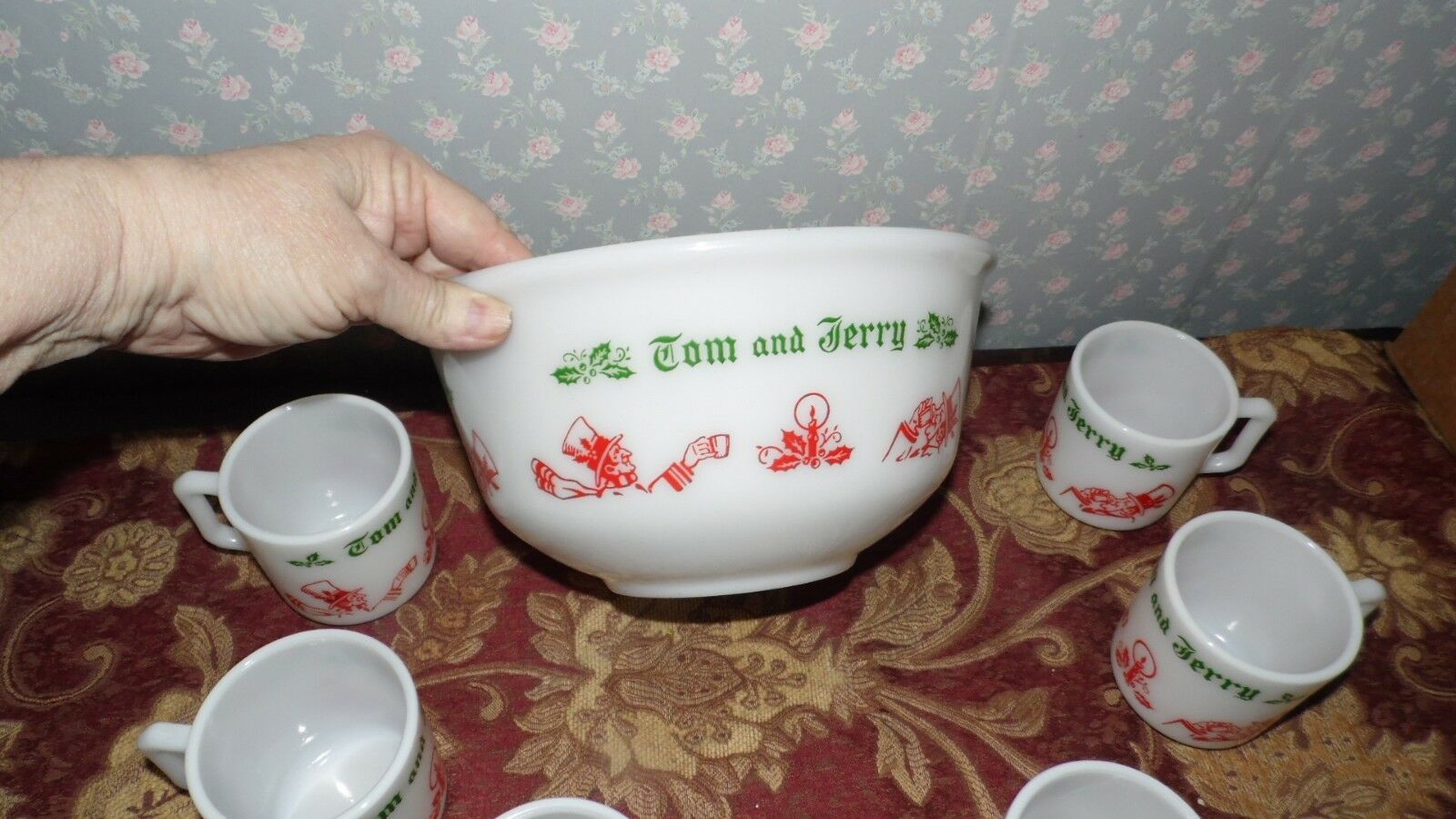 VINTAGE HAZEL ATLAS TOM AND JERRY PUNCH BOWL WITH CUPS SET 6 CUPS AND ...