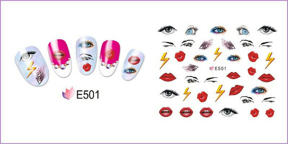 Nail Art 3D Decal Stickers blue black eyes lightning lips kiss E501