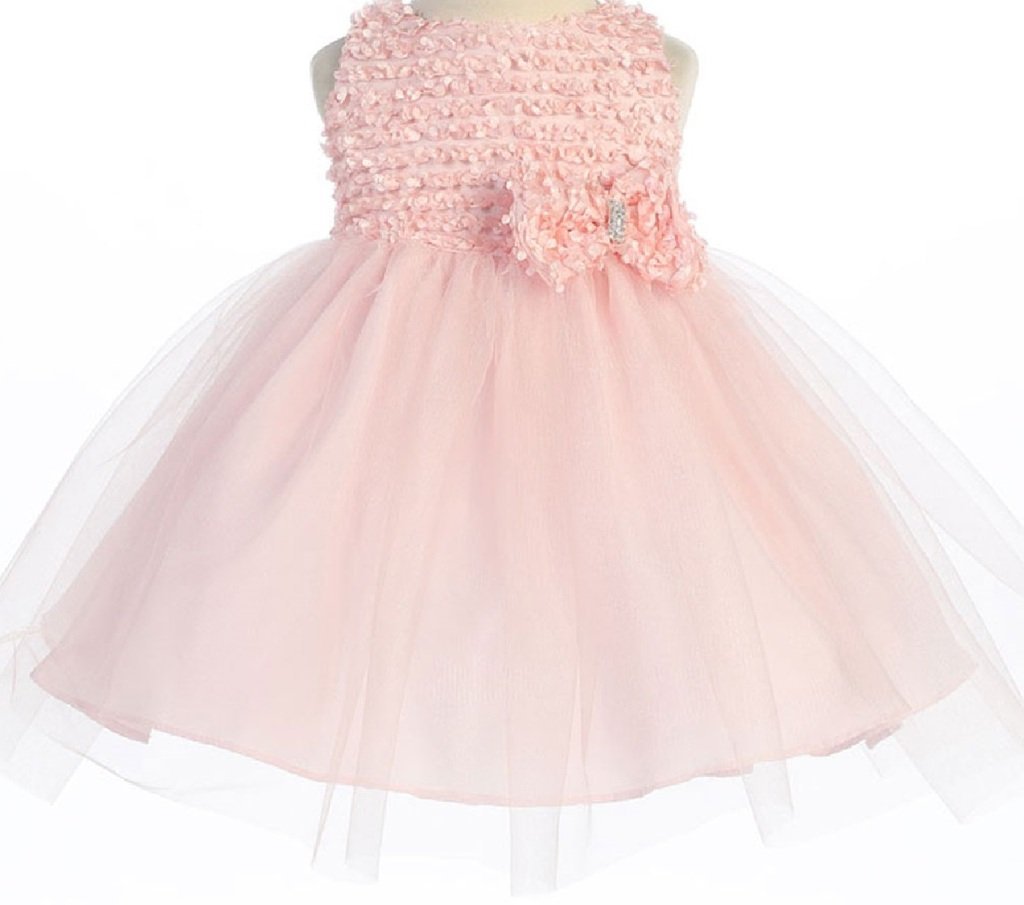 Little Girls Texture Top Tulle Overlaid Ribbon Flowers Girls Dresses