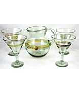 Mexican Margarita Pitcher &amp; 4 Large Martini Glasses Set Colorful Swirl Band - $108.90