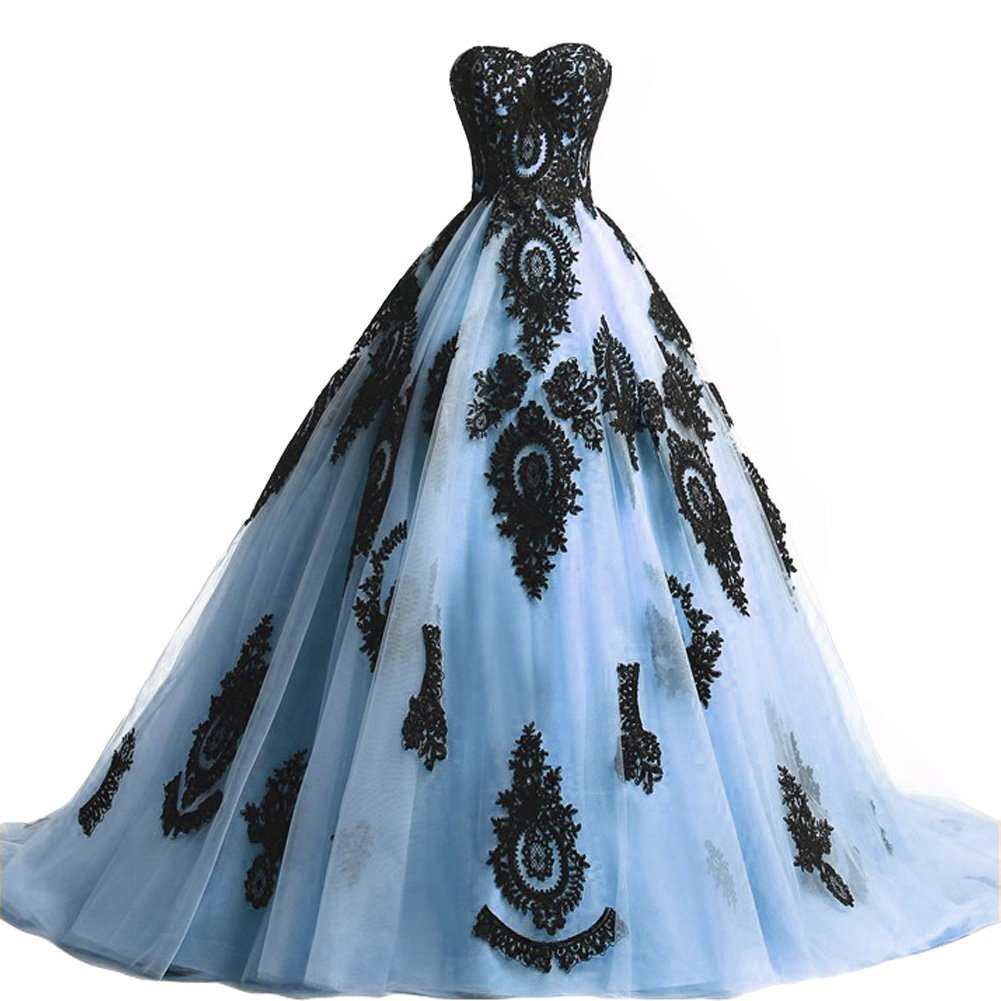Plus Size Long Ball Gown Black Lace Gothic Corset Prom Evening Dresses Sky Blue