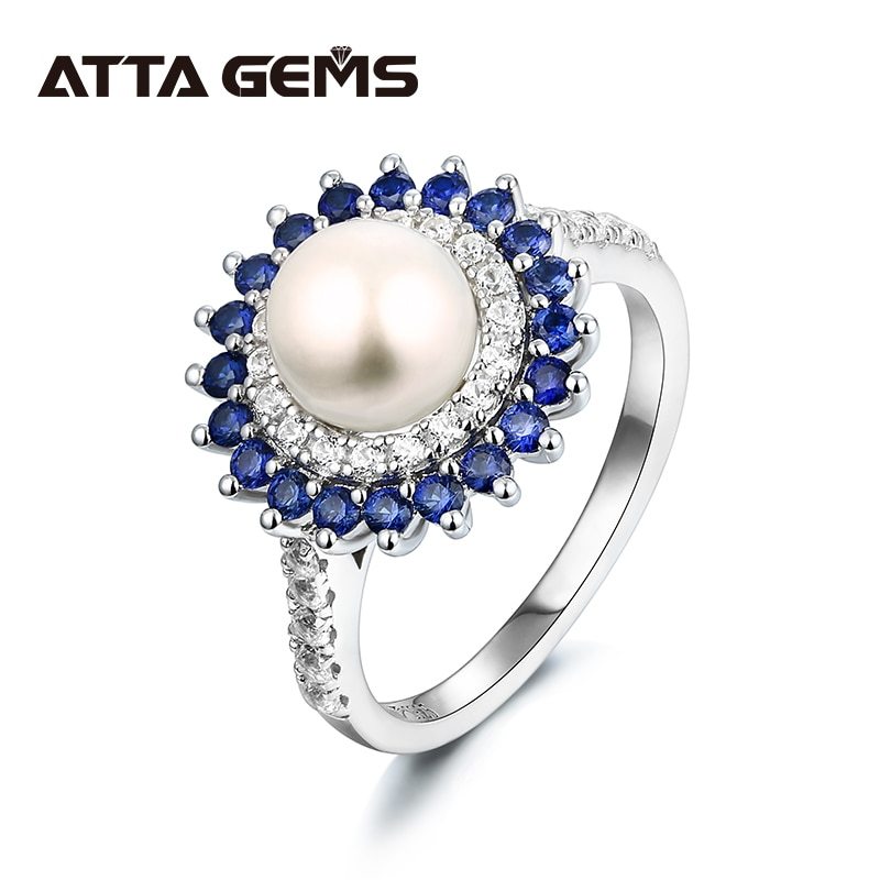 Natural Freshwater Pearl Sapphire Sterling Silver Women's Ring Round 7mm Pearl C