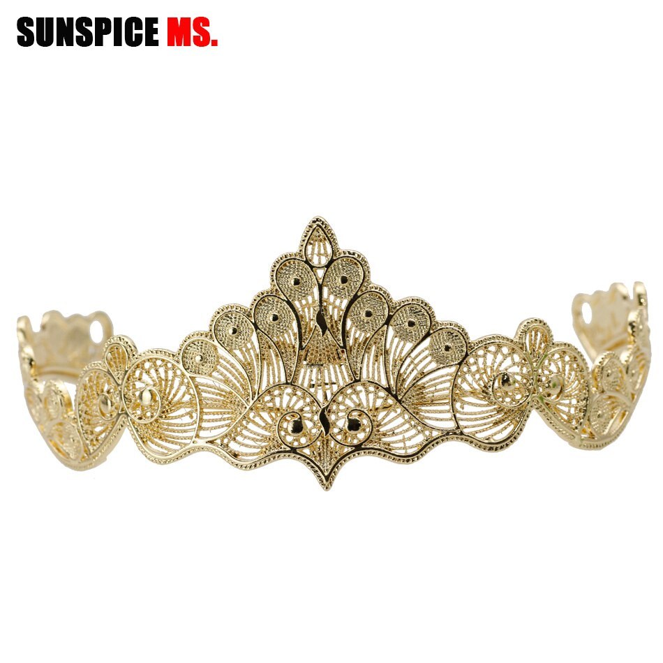 Sunspicems Gold Color Moroccan Wedding Tiaras Hair Jewelry for Women Hollow Meta
