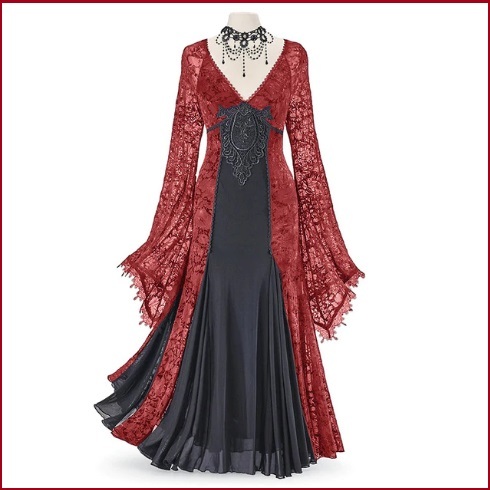 Renassiance Red Sheer Layered Lace Brocade Long Sleeves Giornea Overdress Gown