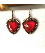 Retro Red Glass Heart Brass Earrings for your Valentine - $25.00