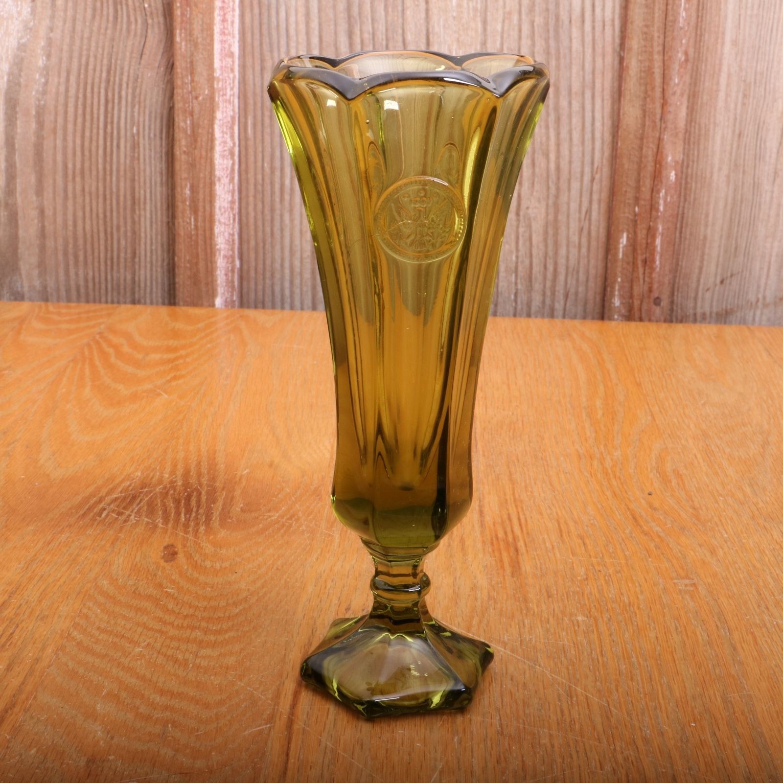 Vintage Fostoria Vase 3 Coin Glass Green Bud Vase Eagle Liberty Bell Torch Coin