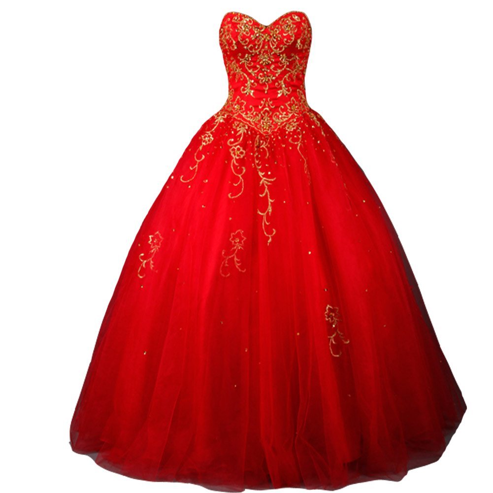 Kivary Red Tulle Gold Embroidery Beaded Long Prom Dresses Wedding Gowns US 4