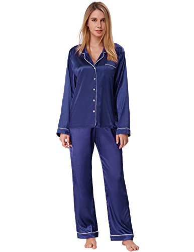 Womens Silk Satin Pajamas Set Sleepwear Loungewear Navy Blue Size M ...