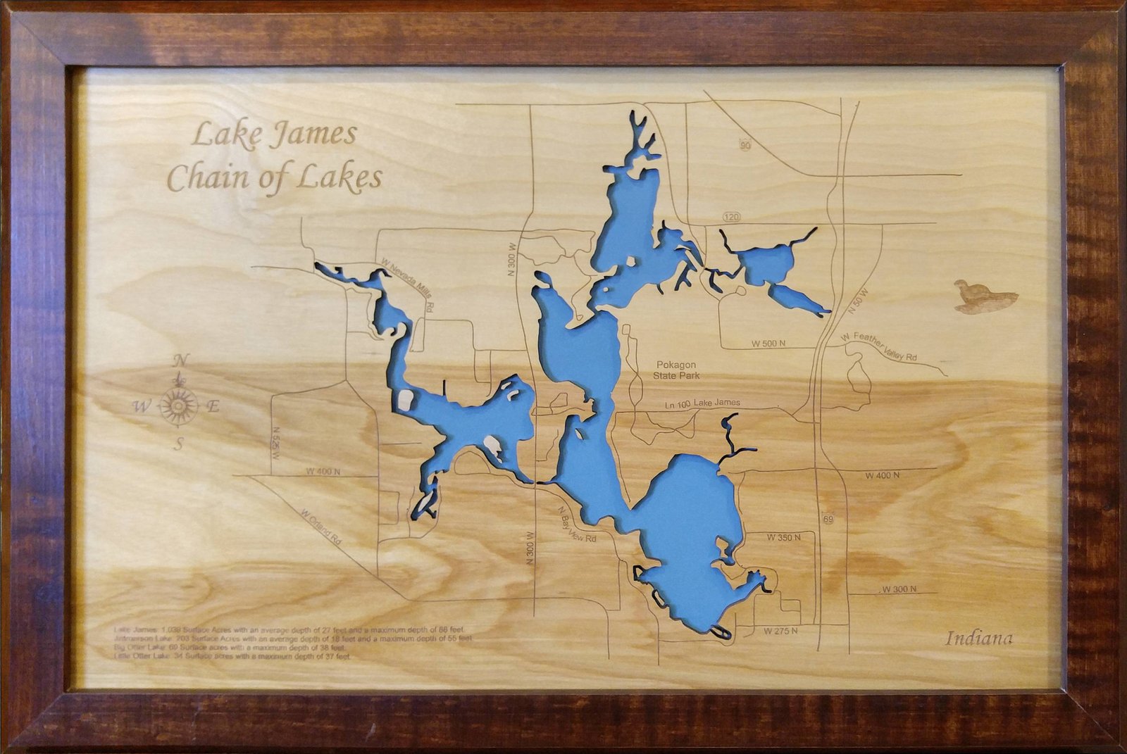 Lake James, Indiana Laser Cut Wood Map Plaques & Signs