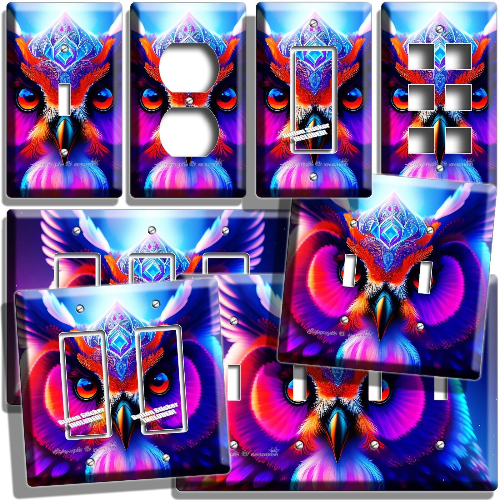 VIBRANT STARLIGHT MAJESTIC DIAMOND HEAD OWL LIGHT SWITCH OUTLET WALL PLATE DECOR - $5.99 - $23.99