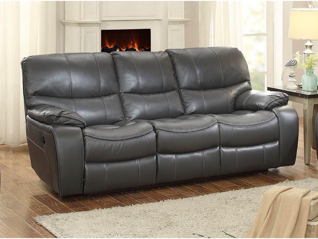 gray leather reclining sofa with nailhead trim