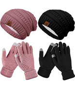 4 Pieces Winter Glove and Hat Set Women Gloves Warm Knitted Beanie Hats - $35.62