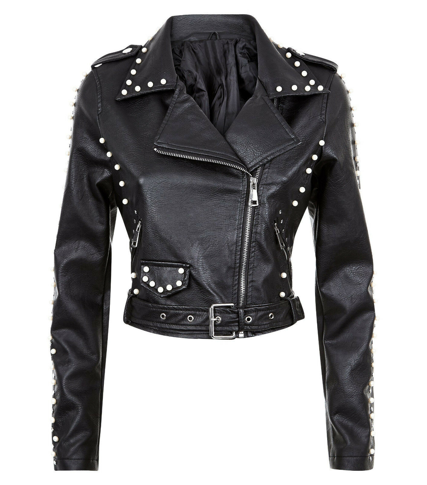 Women's Black Biker Belted Slim Fit Leather Silver Small Studded ...