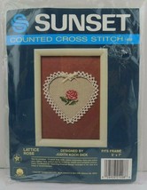 Vintage Sunset Counted Cross Stitch Kit Lattice Rose With Heart Shaped Mat 5x7" - $9.89