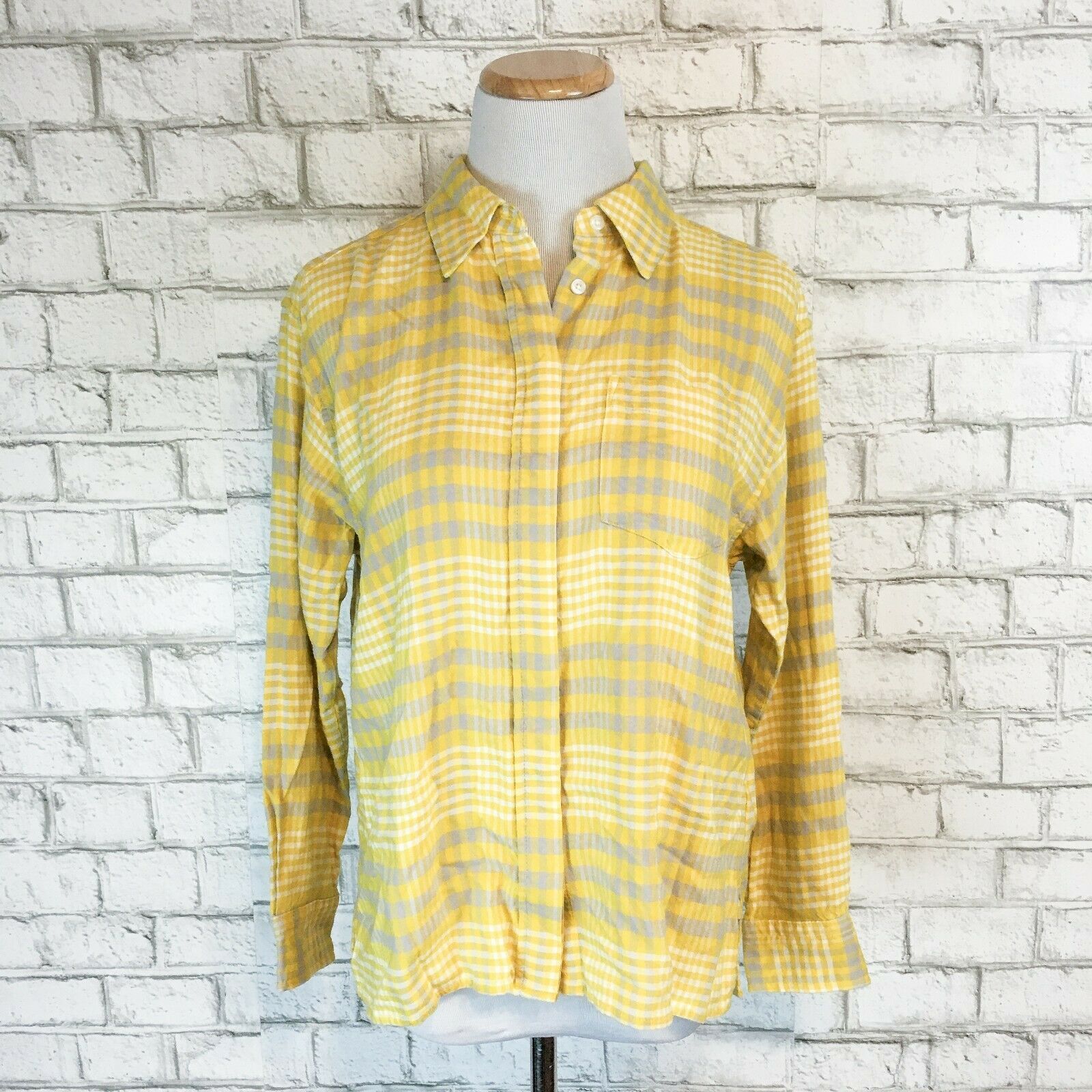 Lands End Women's Bright Yellow Plaid Button Front Shirt Top Size 10P ...