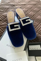 NEW Gucci Madelyn Crystal Logo Velvet Mules, EUR 38 - 8 Blue Velvet - $625.00