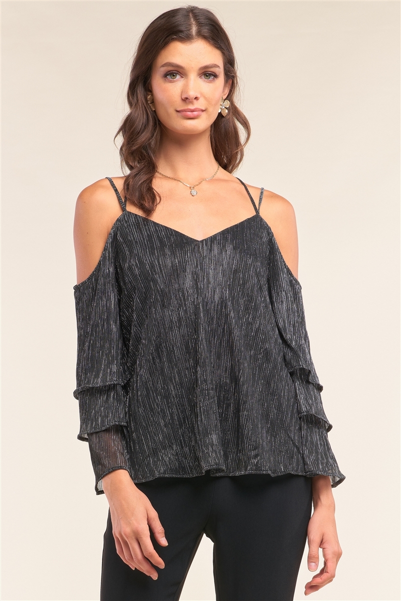 Silver Lining Shimmer Mesh Off-The-Shoulder Long Layered Sleeve Relaxed Fit V-Ne