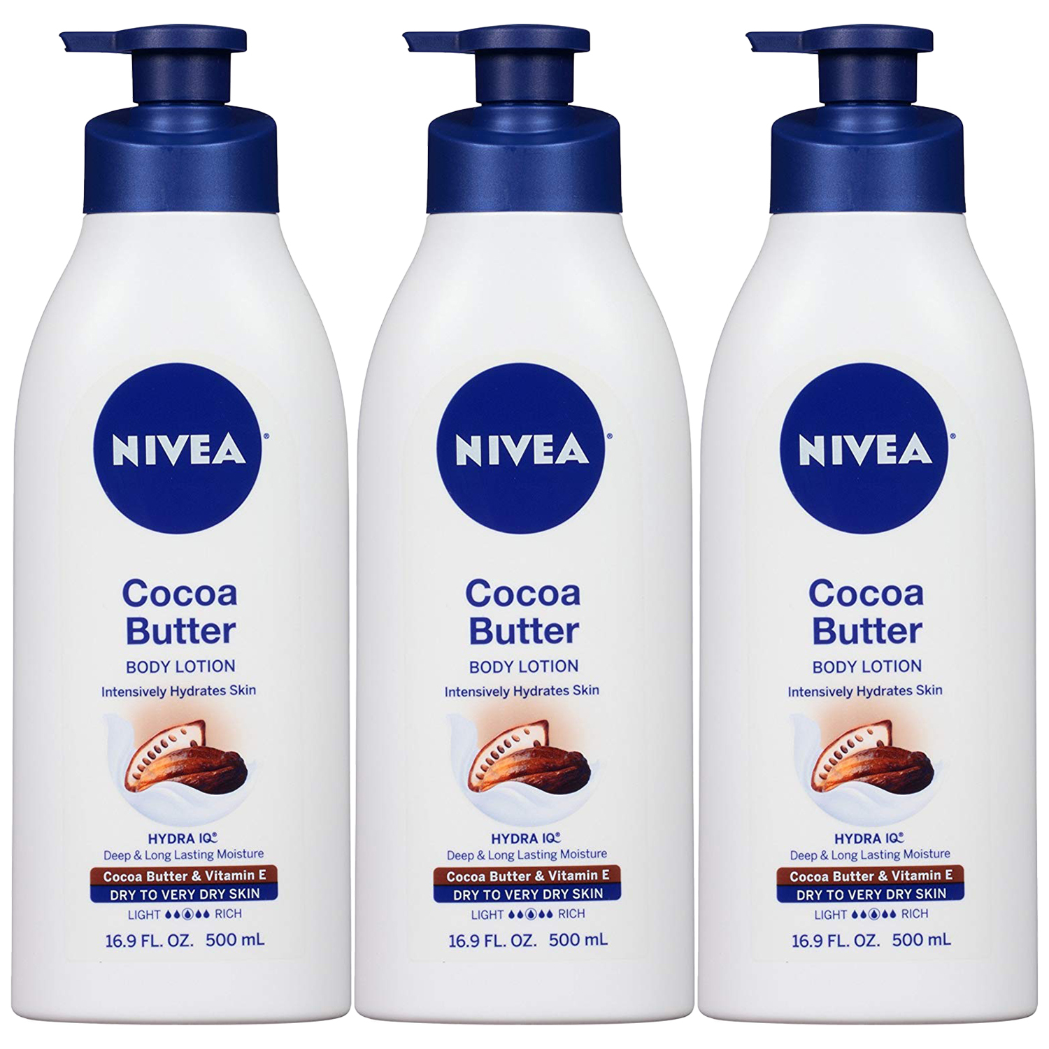 3-Pack New Nivea Lotion Cocoa Butter 16.9 Ounce Pump Dry To Very Dry Skin, 500ml