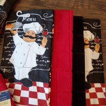 Fat Chef Kitchen Set, 9pc, Towels Potholders Mitt Cloths, Black Red Check Linens image 3