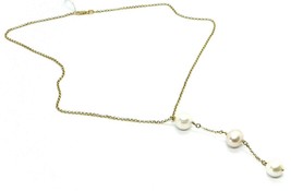 18K YELLOW GOLD LARIAT NECKLACE ROLO CHAIN FW ROUND WHITE PINK PEARL PENDANT image 1