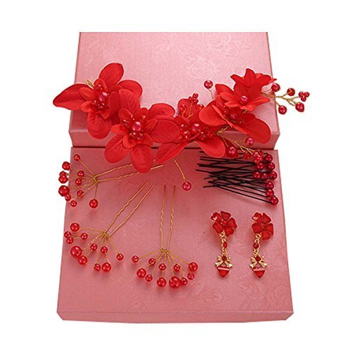 Handmade Red Wedding Bridal Jewelry Hair Style Accessories Earrings Sets, 19