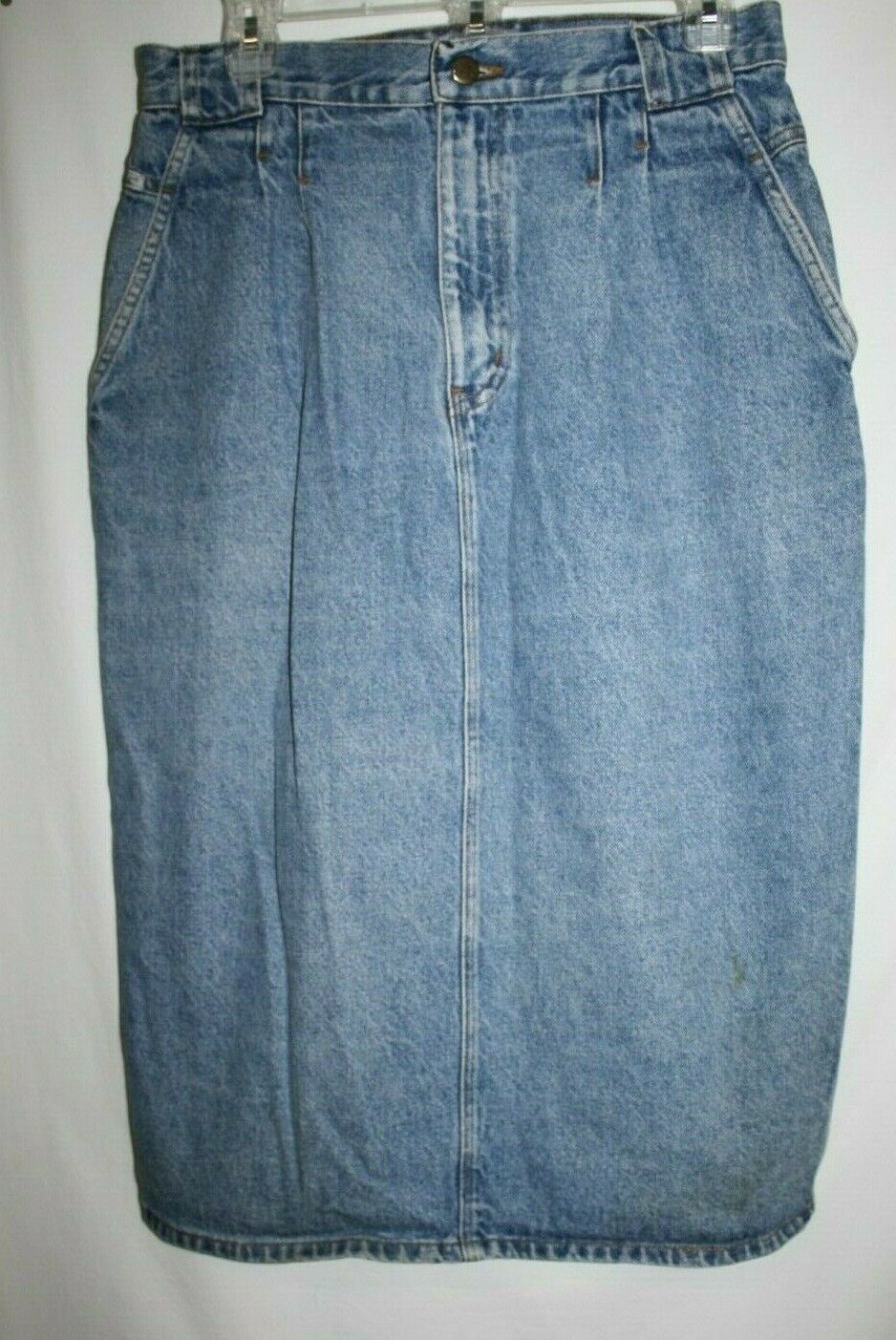 Chic Misses 12 Denim Blue Jean Skirt Long Slit Back USA Zip Up Pleats ...