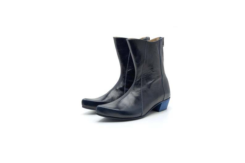 Women's Black chunky Heel Blue Sole back Zipper Ankle High Handmade Leather Boot