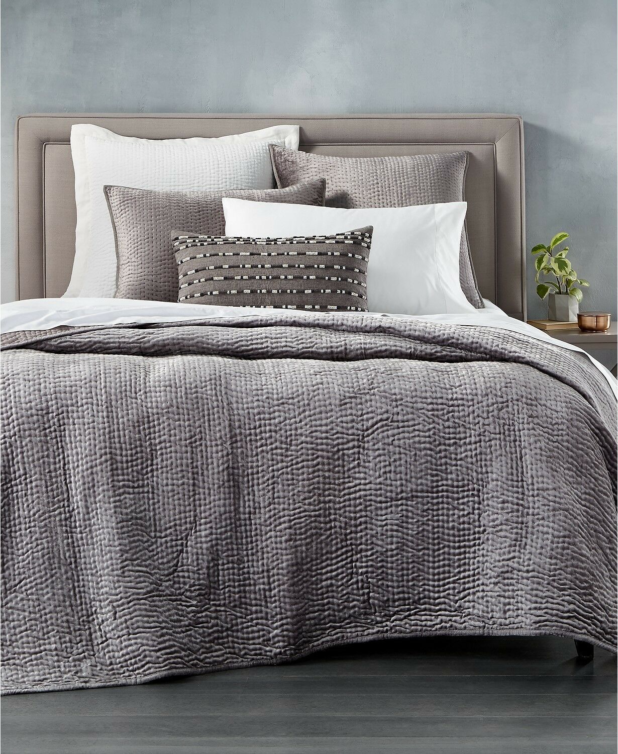 Hotel Collection Gray Velvet Quilted Coverlet Quilt Blanket Full Queen