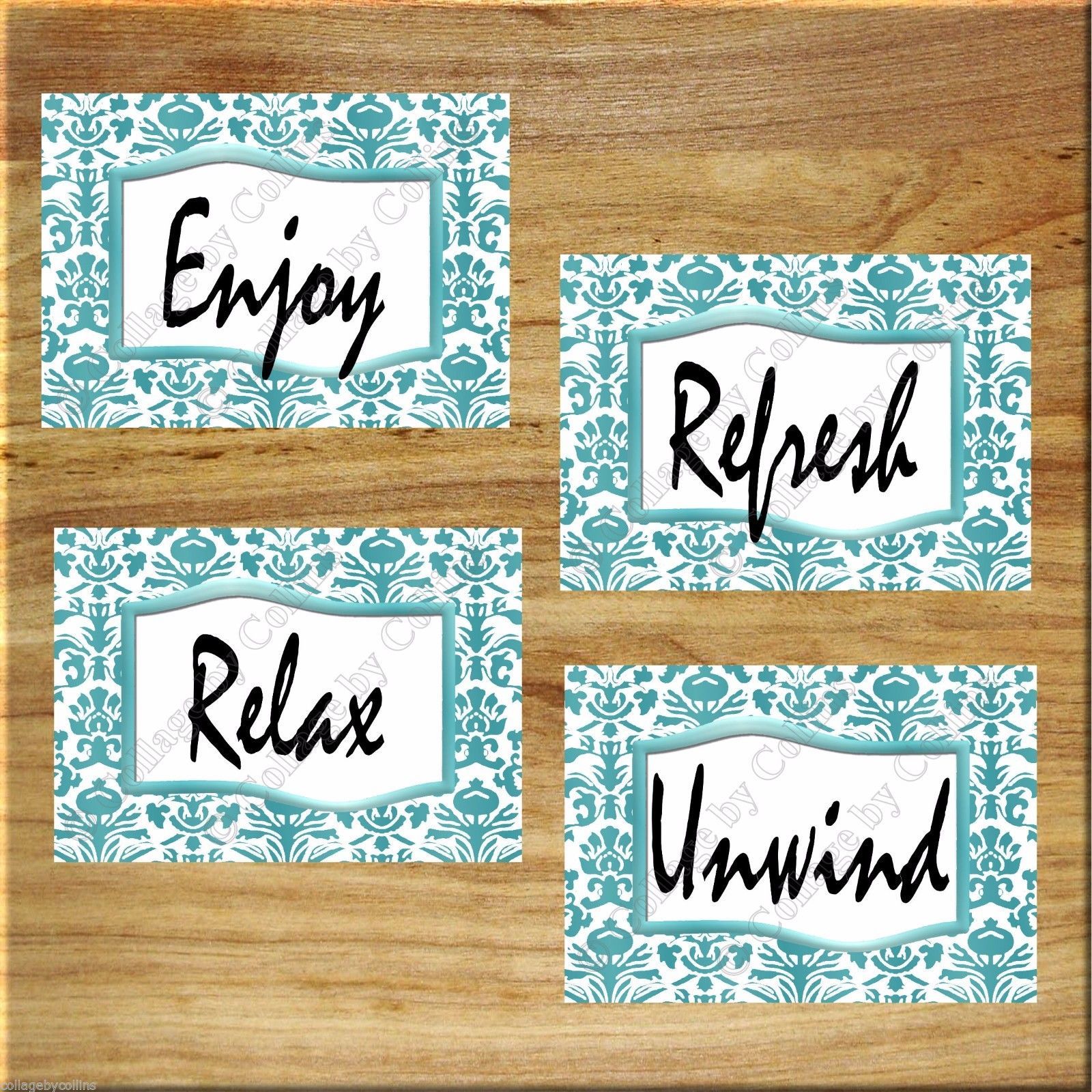 Primary image for Teal Aqua Bathroom Wall Art Prints Pictures Damask Quotes Relax Unwind Refresh +
