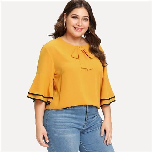 Yellow Tiered Half Sleeve Plus Size Blouse by SHEIN - Tops & Blouses