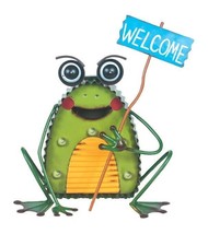 Solar Frog Figurine Metal LED 12" High Holding Welcome Sign Green Porch Garden