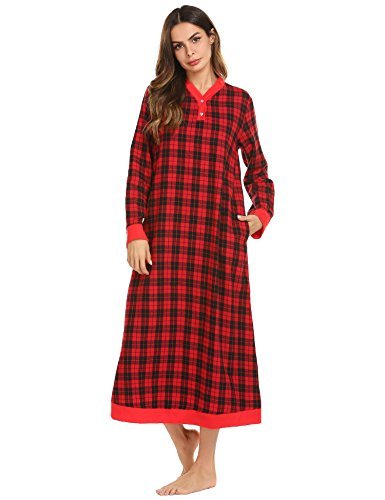 Ekouaer Long Nightgowns for Women,Plaid Flannel Nightgown Warm ...
