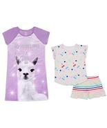 Girls 3pc Pajama Set Nightgown Shorts and Tee (Purple Llama Ruffle Strip... - $24.27