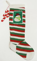 LONG RED GREEN &amp; WHITE CHRISTMAS STOCKING w/ EMBROIDERED SNOWMAN PATCH - $13.88