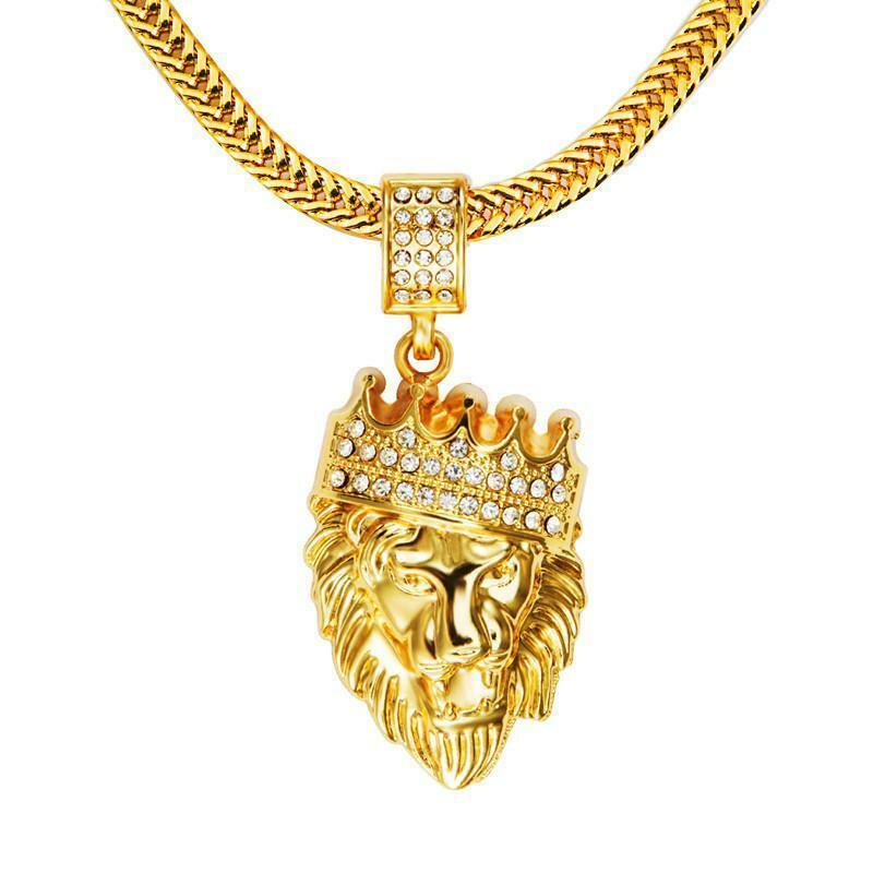 Cool Mens Stainless Steel Lion Head Pendant Necklace Gold Tone Chain 22 Jewelry