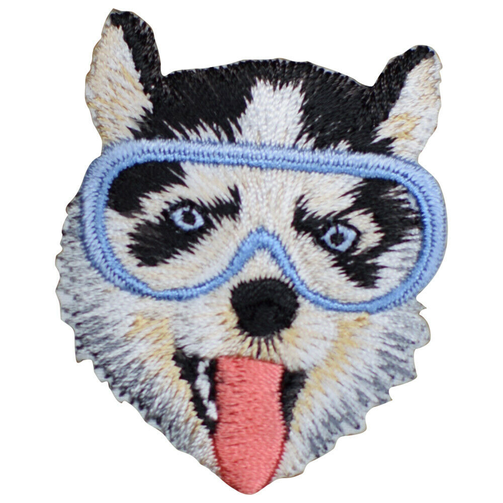 Husky Dog with Mask Applique Patch - Goggles, Puppy Badge 1.75 (Iron on)