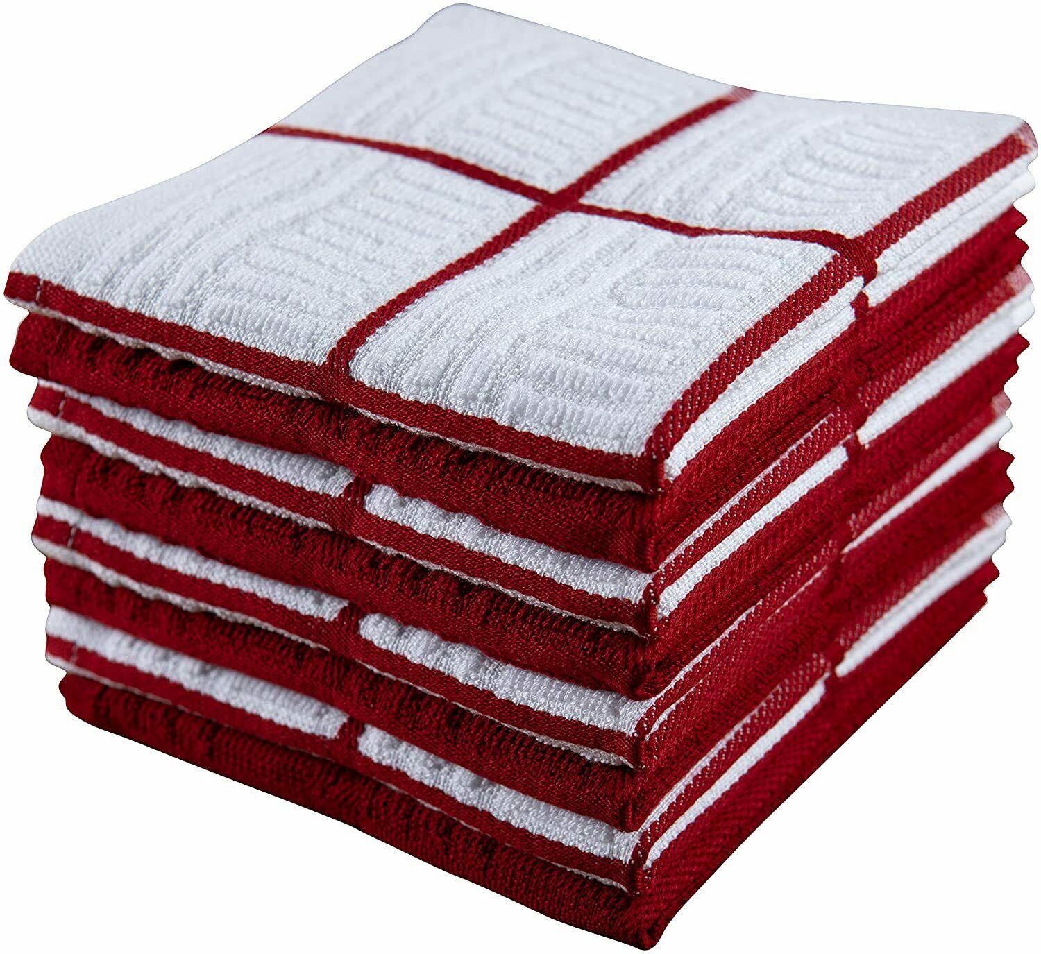 Nice 12"x12" Set of 8 Plaid Red Cotton Terry Kitchen Dishcloths