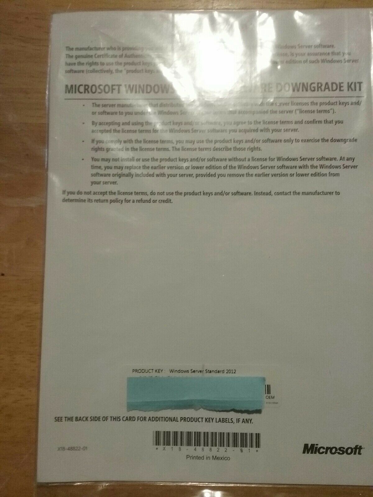 MS Windows Server Downgrade kit 2012 Standard License & 2008 Downgrade Key #01 - $45.00