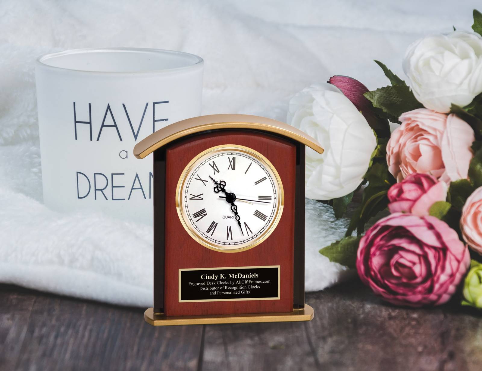 Engrave Shelf Clock Service Award Gift Gold Wood Panel Congrats Table ...